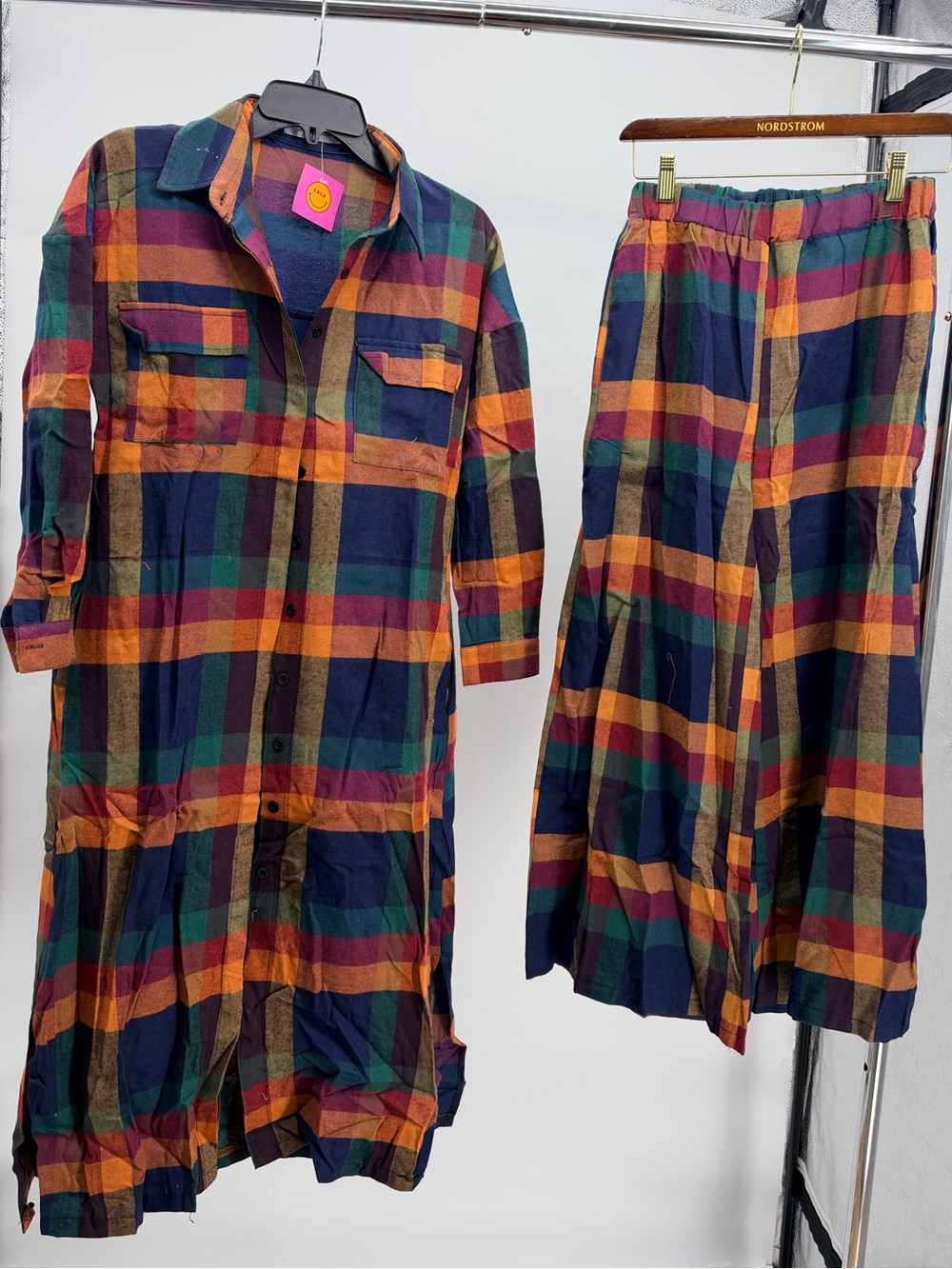 Plaid Button-Front Set in Green, Navy & Orange